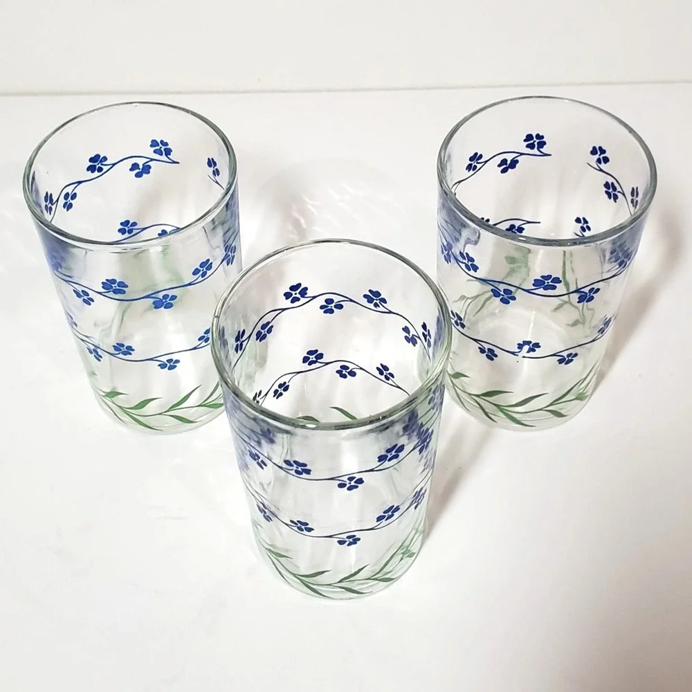 3 Vintage KRAFT Swanky Swigs‎ Juice Glasses, Forget Me Not Floral Pattern